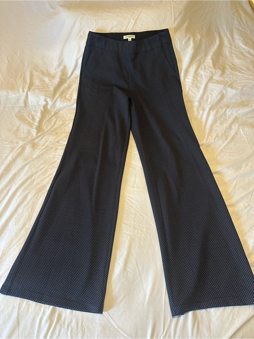 Max Studio Navy Blue Flare Pants with Mini White Dot Print